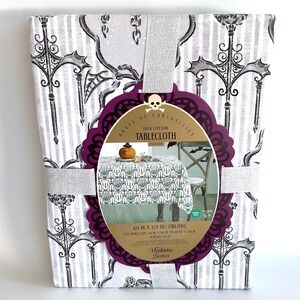 Madame‎ Bones Halloween Tablecloth 60x120 Oblong Cotton Skull Candelabra Grey